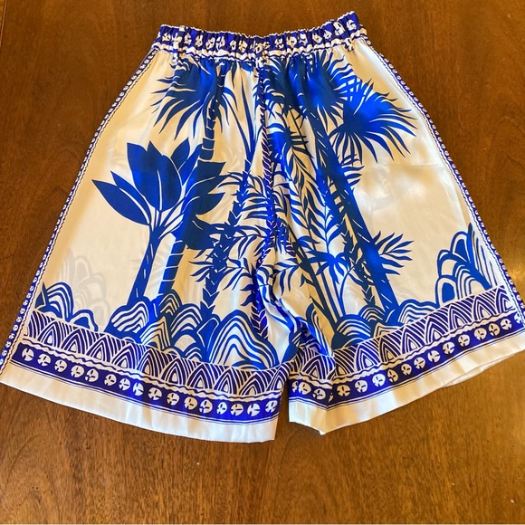 ZARA SET Blue White Tropical Palm Print Satin Button Down Shirt & Bermuda Shorts - Picture 9 of 15